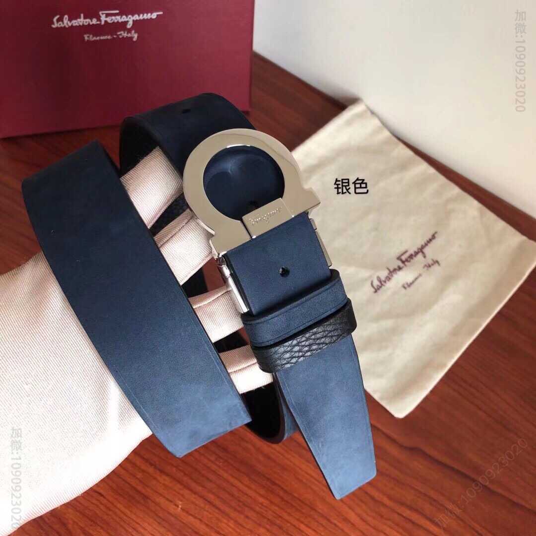 SalvatoreFerragamo菲拉格慕男士3.5cm专柜旋转金属夹扣，进口头层牛皮甩纹绒面内衬腰带，可剪裁。