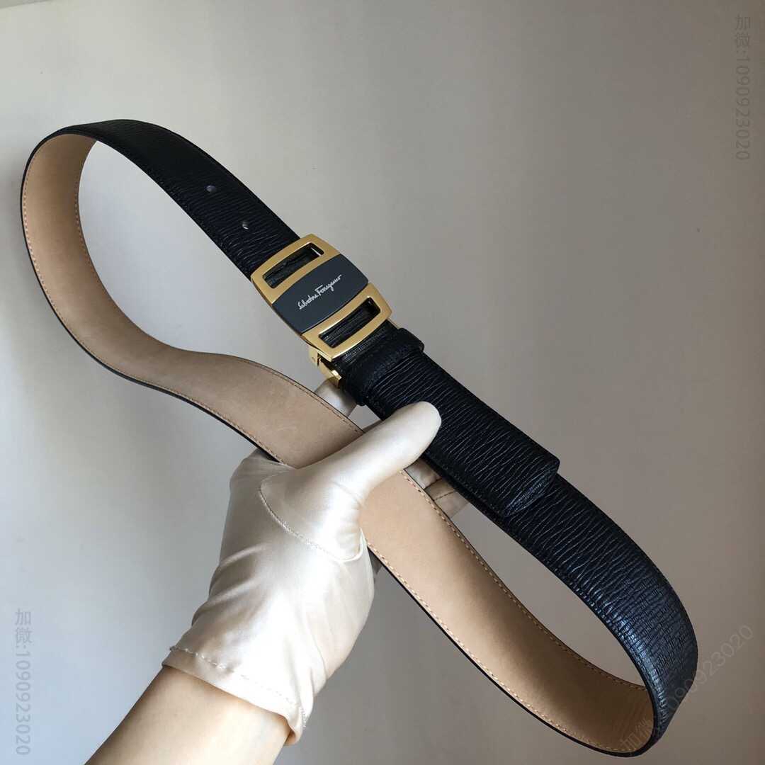 SalvatoreFerragamo菲拉格慕男士3.5cm精钢亚克力金属夹扣，头层牛皮腰带