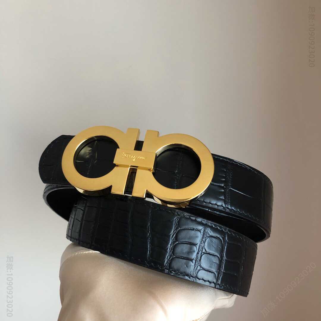 SalvatoreFerragamo菲拉格慕男士3.5cm双圈挂扣，头层牛皮鳄鱼纹理腰带