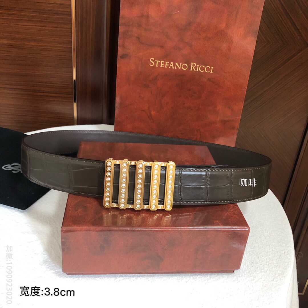 STEFANORICCI史蒂芬.劳尼治精钢手工镶嵌钻内穿金属扣精仿鳄鱼纹腰带3.8cm