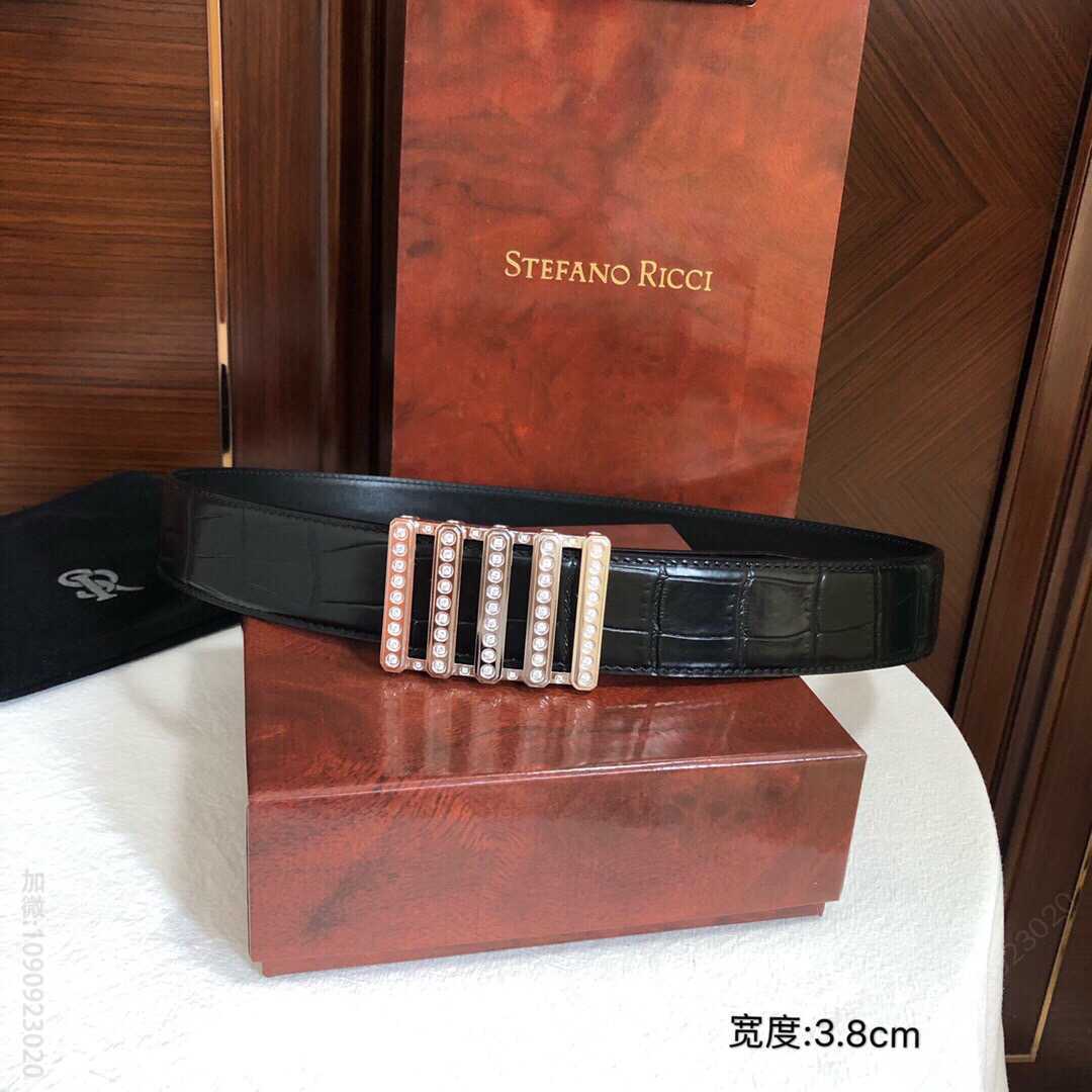 STEFANORICCI史蒂芬.劳尼治精钢手工镶嵌钻内穿金属扣精仿鳄鱼纹腰带3.8cm