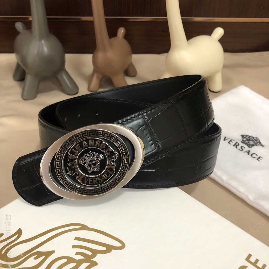 VERSACE范思哲男士黑色头层牛皮鳄鱼纹理腰3.8cm
