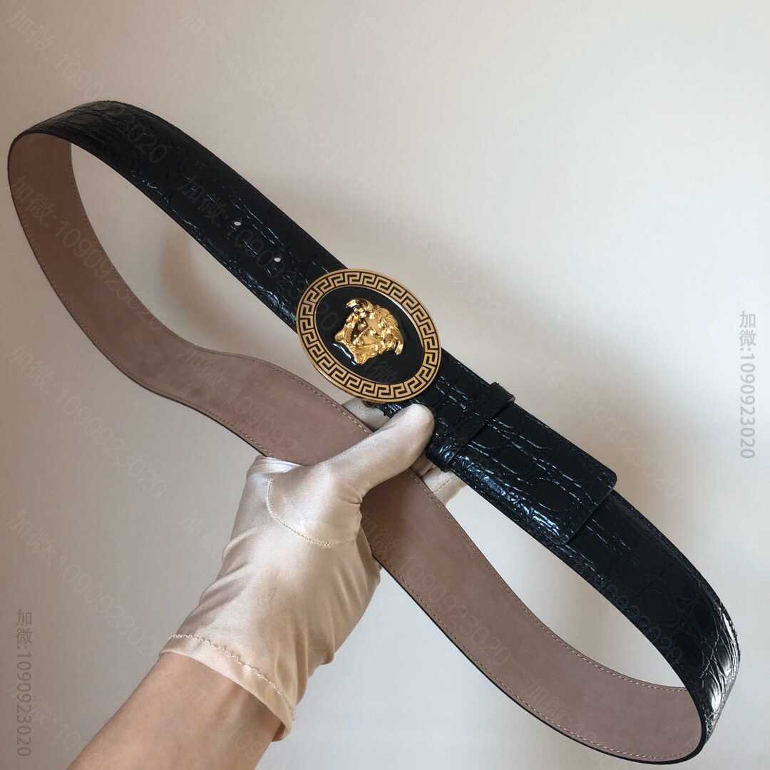 VERSACE范思哲男士黑色头层牛皮鳄鱼纹理磨砂内衬腰带3.8cm