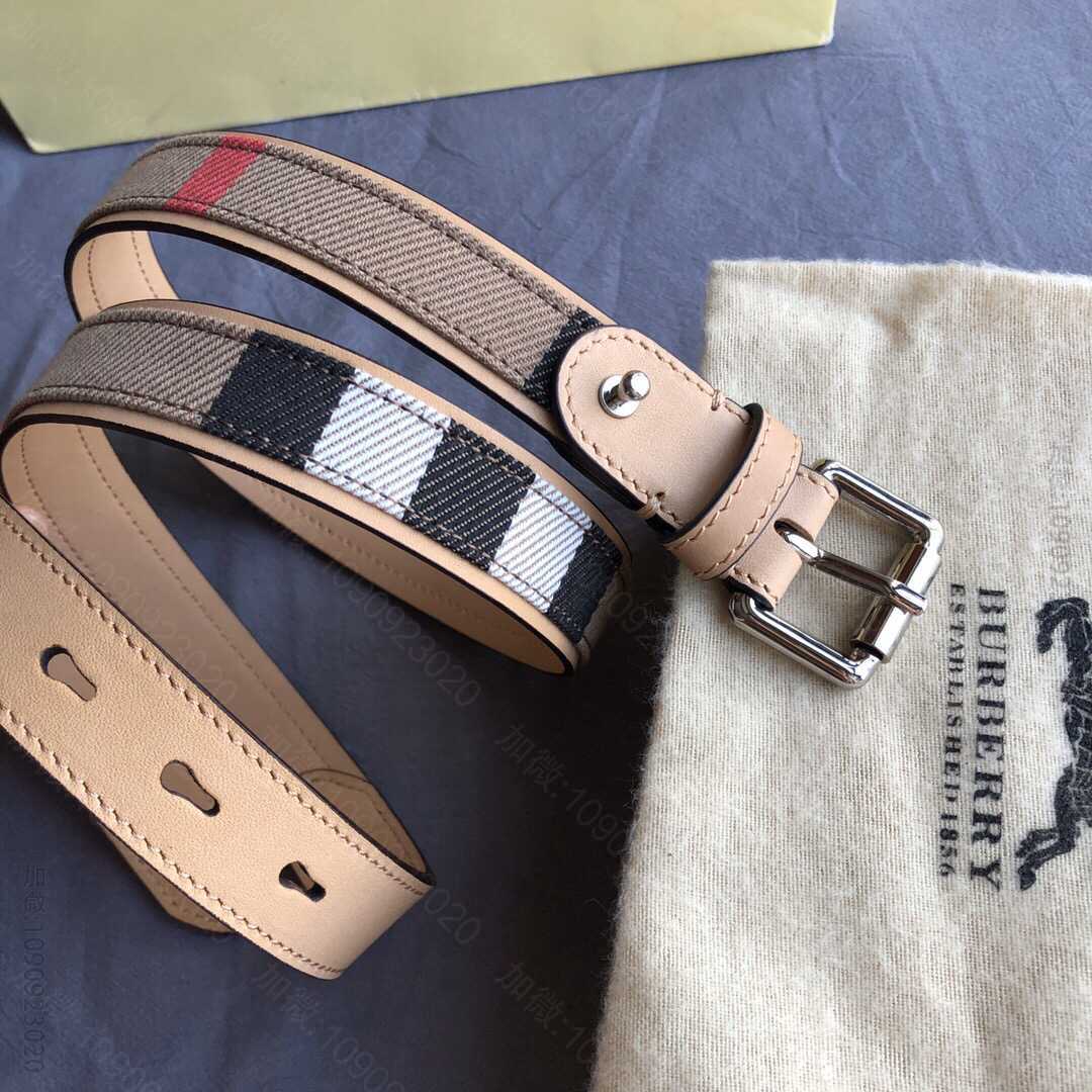 BURBERRY博柏利2.5cm格纹帆布与牛皮拼接女士腰带