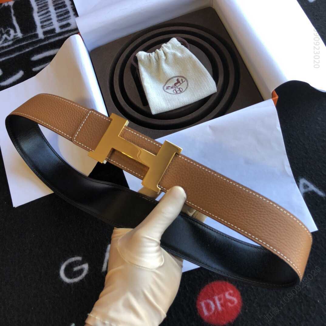 Hermes爱马仕H四角焊点亮光金色/钯扣，进口togo皮小牛皮38mm男士腰带