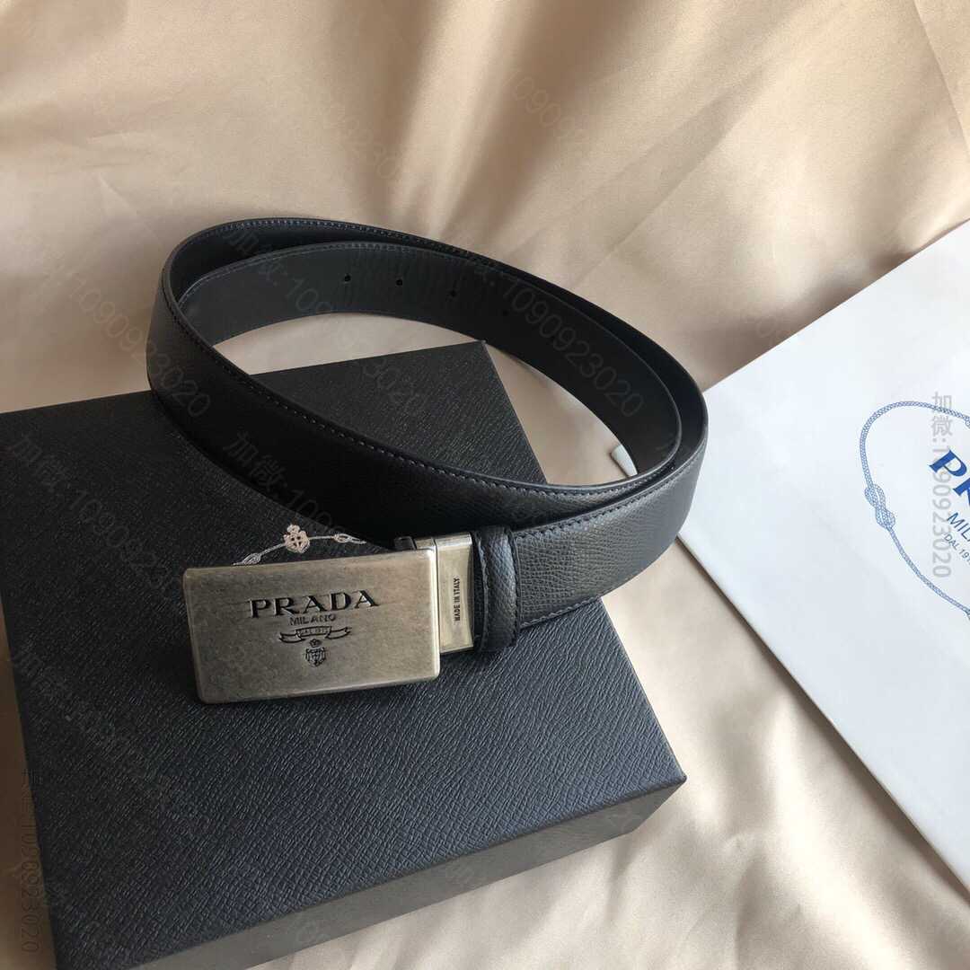 普拉达（Prada)男士十字纹搭配鹅卵复古拉丝亮光金属扣腰带