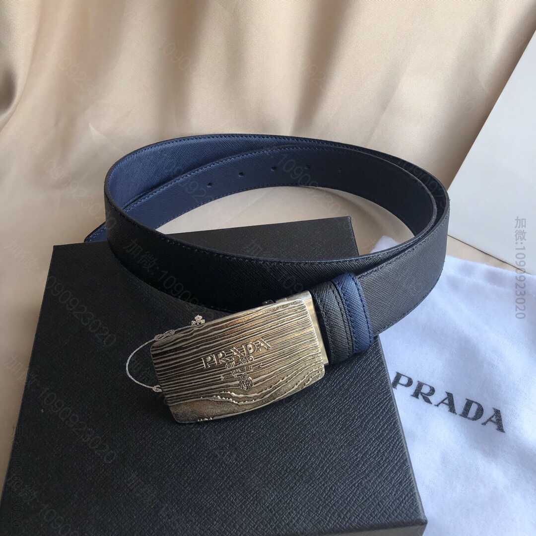 普拉达（Prada)男士十字纹搭配鹅卵复古拉丝亮光金属扣腰带