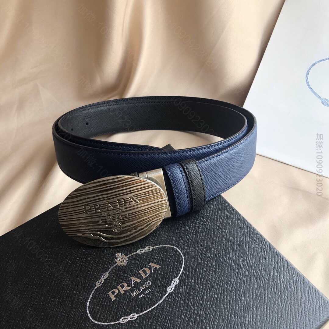 普拉达（Prada)男士十字纹搭配鹅卵复古拉丝亮光金属扣腰带