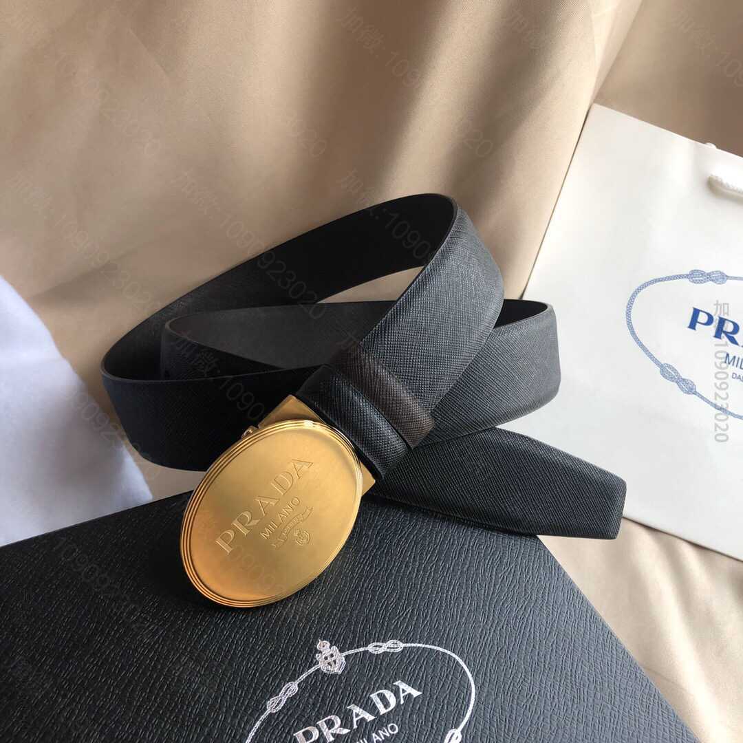 普拉达（Prada)男士十字纹搭配鹅卵复古拉丝亮光金属扣腰带