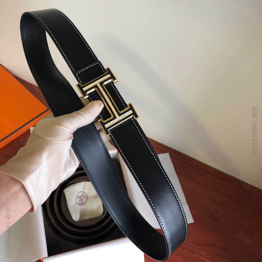 Hermes男款3.8cm精钢滴胶镶嵌钻扣，搭配进口牛皮腰带