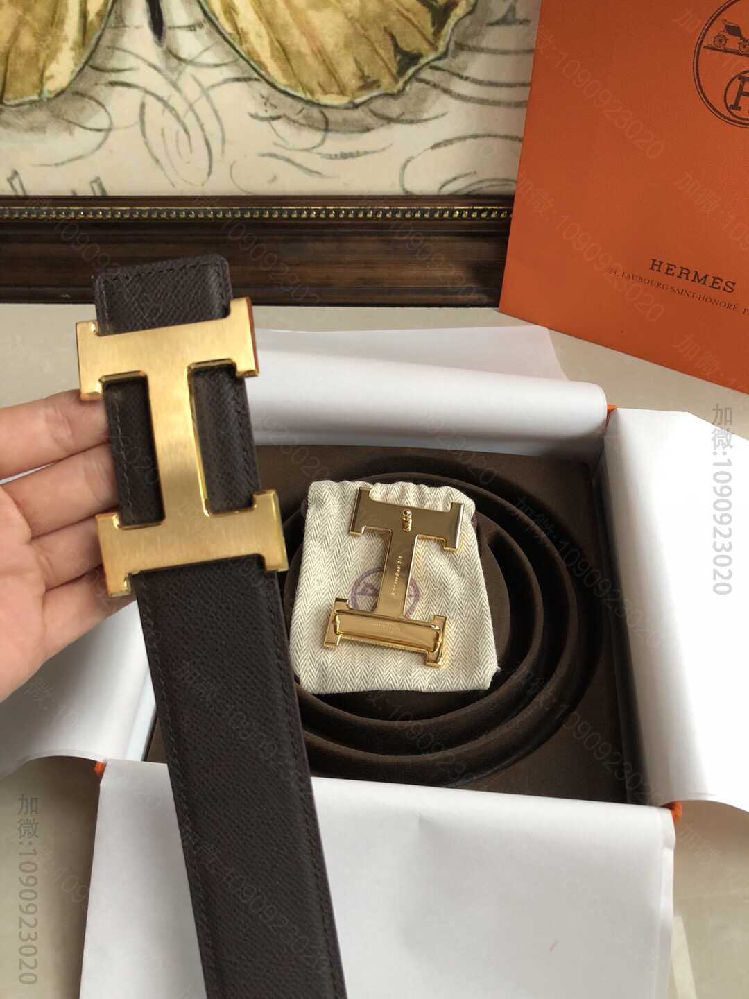 HERMES爱马仕双面用原版皮手掌纹金属H大Logo男士腰带38MM