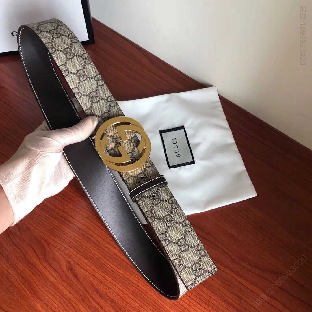 GUCCI古驰男士乌木色PVC配皮金属板扣式腰带3.8cm
