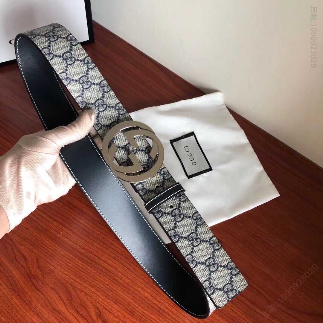 GUCCI古驰男士乌木色PVC配皮金属板扣式腰带3.8cm