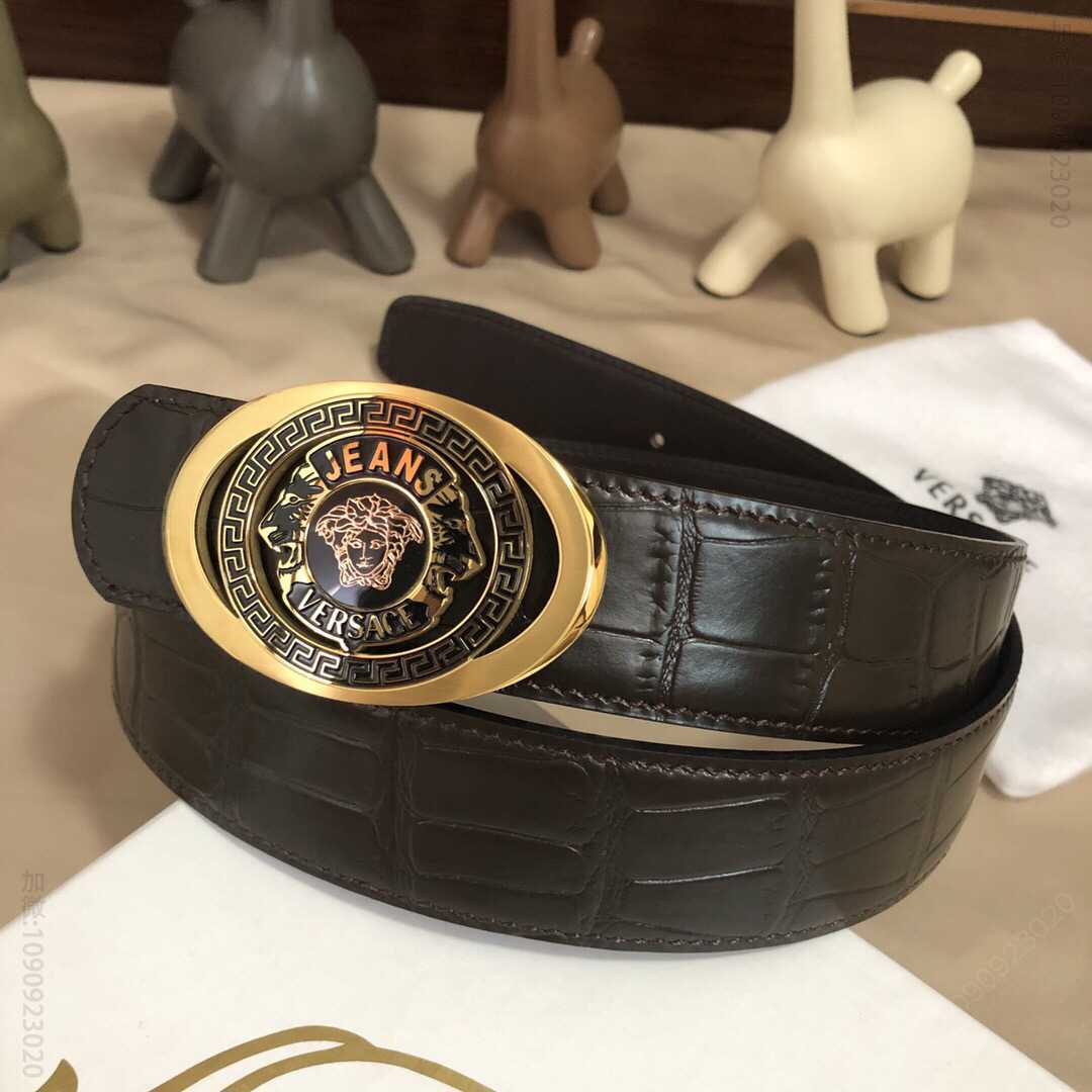 VERSACE范思哲男士黑色头层牛皮鳄鱼纹理腰带3.8cm