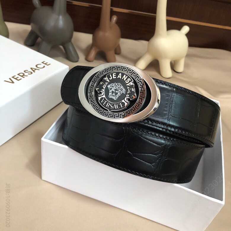 VERSACE范思哲男士黑色头层牛皮鳄鱼纹理腰带3.8cm