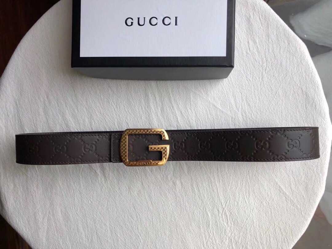 古驰(Gucci)精钢双G挂扣搭配牛皮压花腰带3.5cm