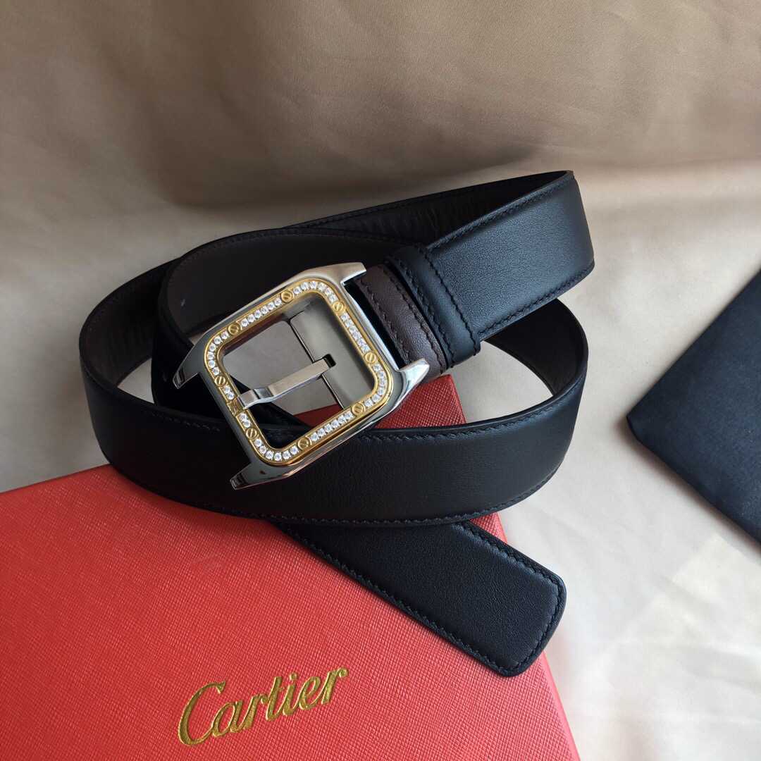 Cartier卡地亚精钢镶嵌钻针式扣搭配头层牛皮腰带3.5cm