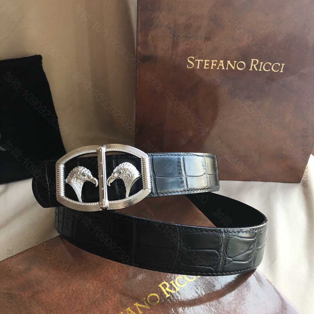 STEFANORICCI史蒂芬.劳尼治专柜款精钢双鹰头镶嵌钻挂扣3.5cm层牛皮精仿鳄鱼皮腰带