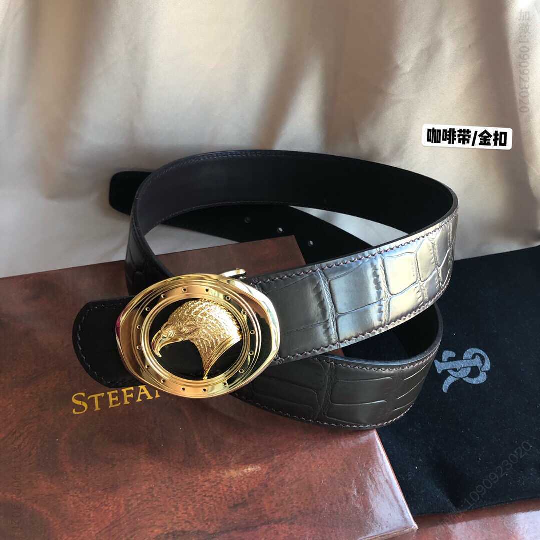 STEFANORICCI史蒂芬.劳尼治专柜款精钢鹰头挂扣3.8cm头层牛皮精仿鳄鱼皮腰带
