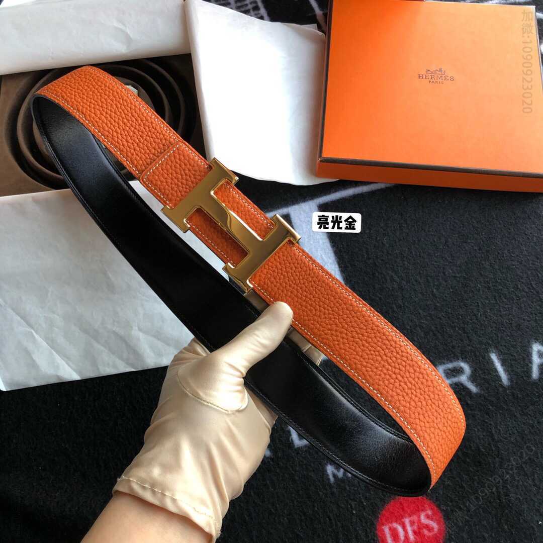 Hermes爱马仕经典H亮光金色/钯扣，进口togo皮小牛皮内衬腰带38mm