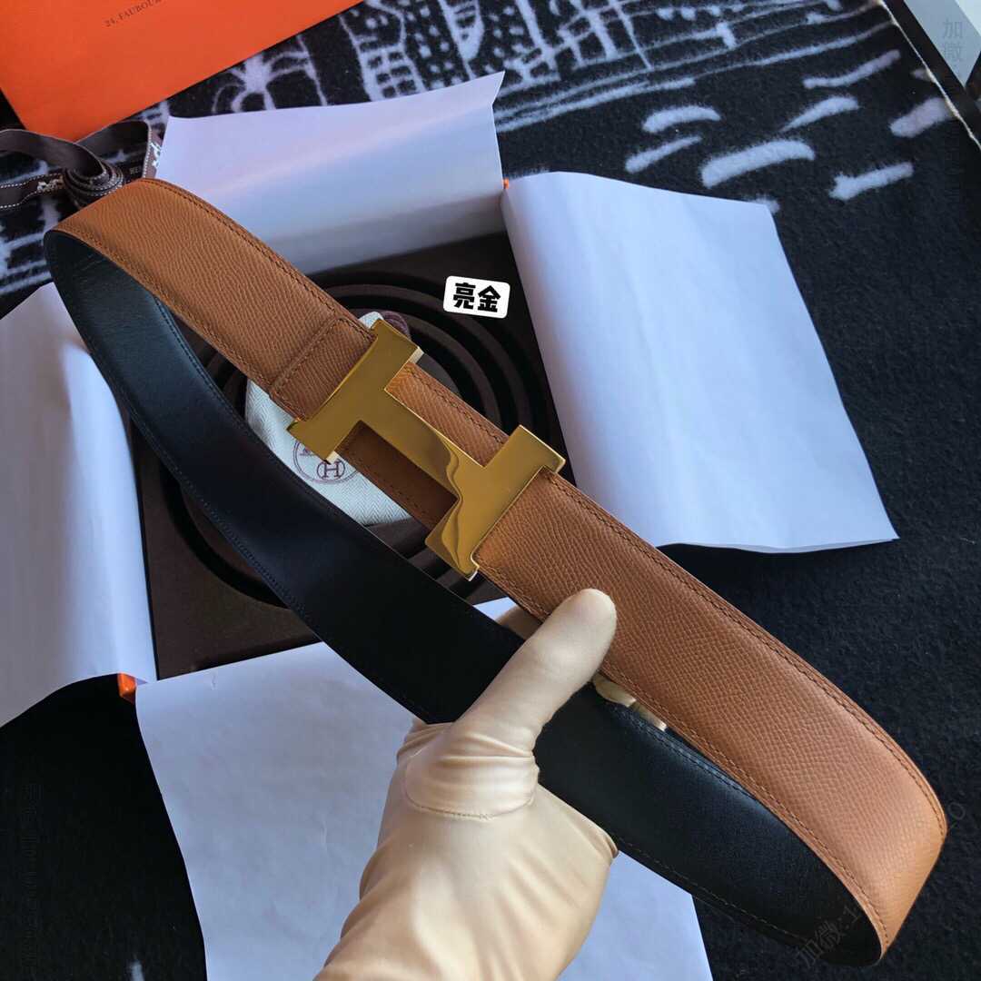 Hermes男款3.8cm精钢H焊点四角亮光挂扣，搭配原版皮手掌纹腰带