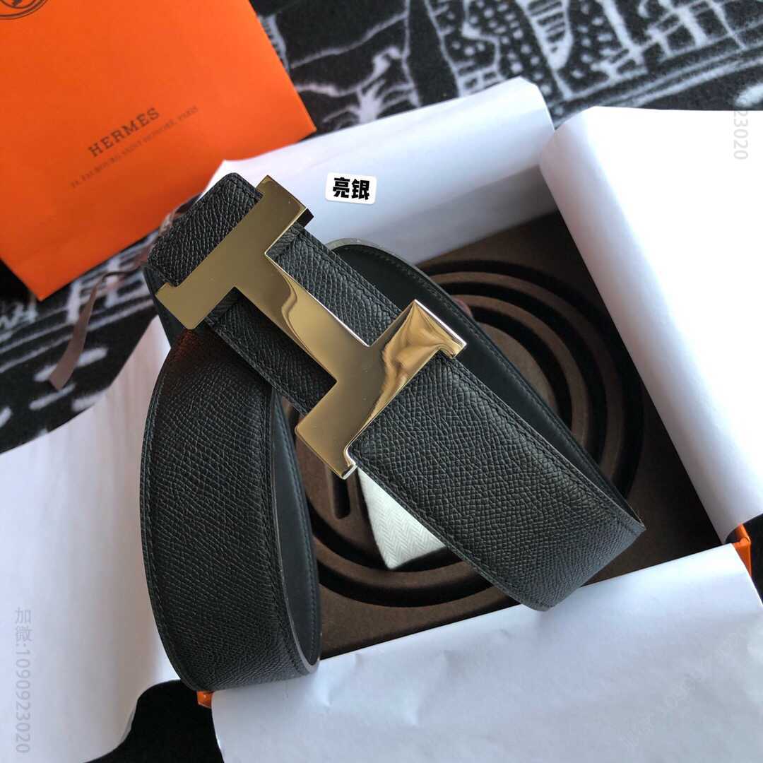 Hermes男款3.8cm精钢H焊点四角亮光挂扣，搭配原版皮手掌纹腰带