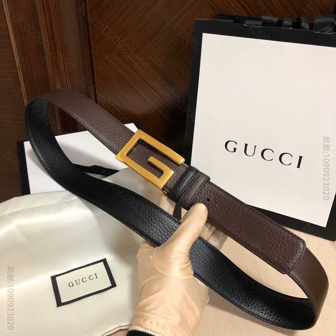 Gucci古驰G字旋转金属夹扣，搭配头层牛皮荔枝纹理腰带35mm