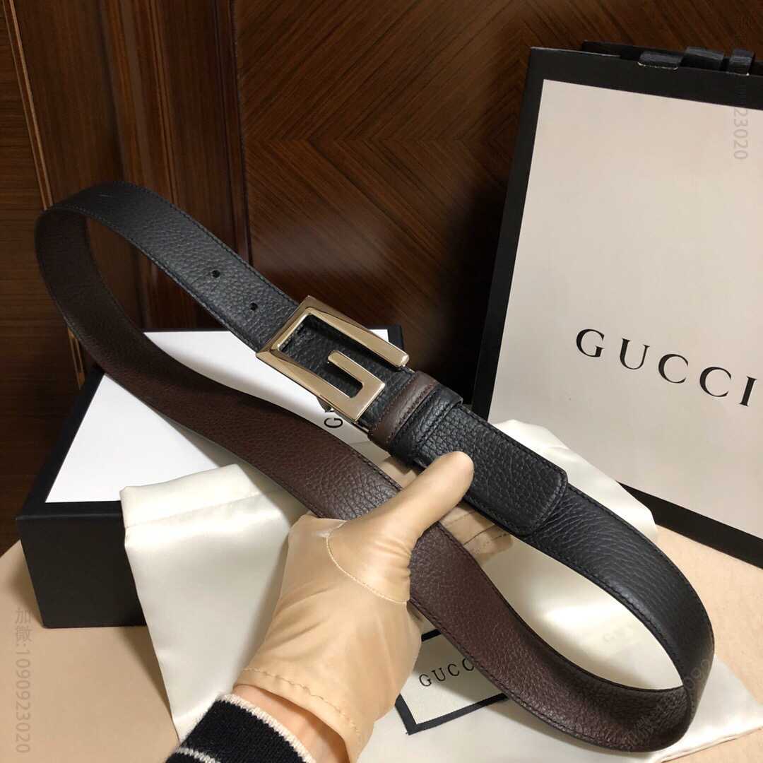 Gucci古驰G字旋转金属夹扣，搭配头层牛皮荔枝纹理腰带35mm