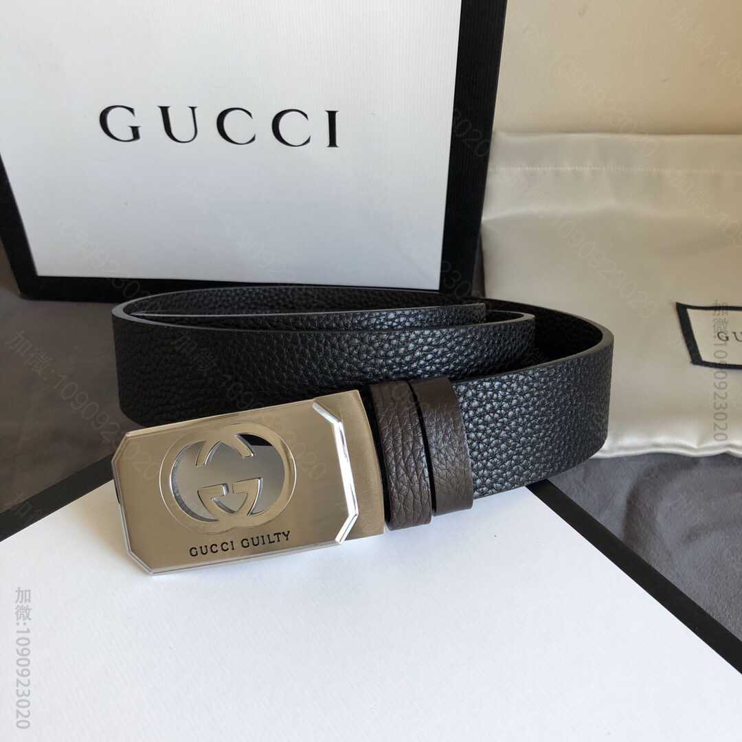 Gucci古驰精钢燃情醉爱镂空金属夹扣搭配头层牛皮荔枝腰带35mm