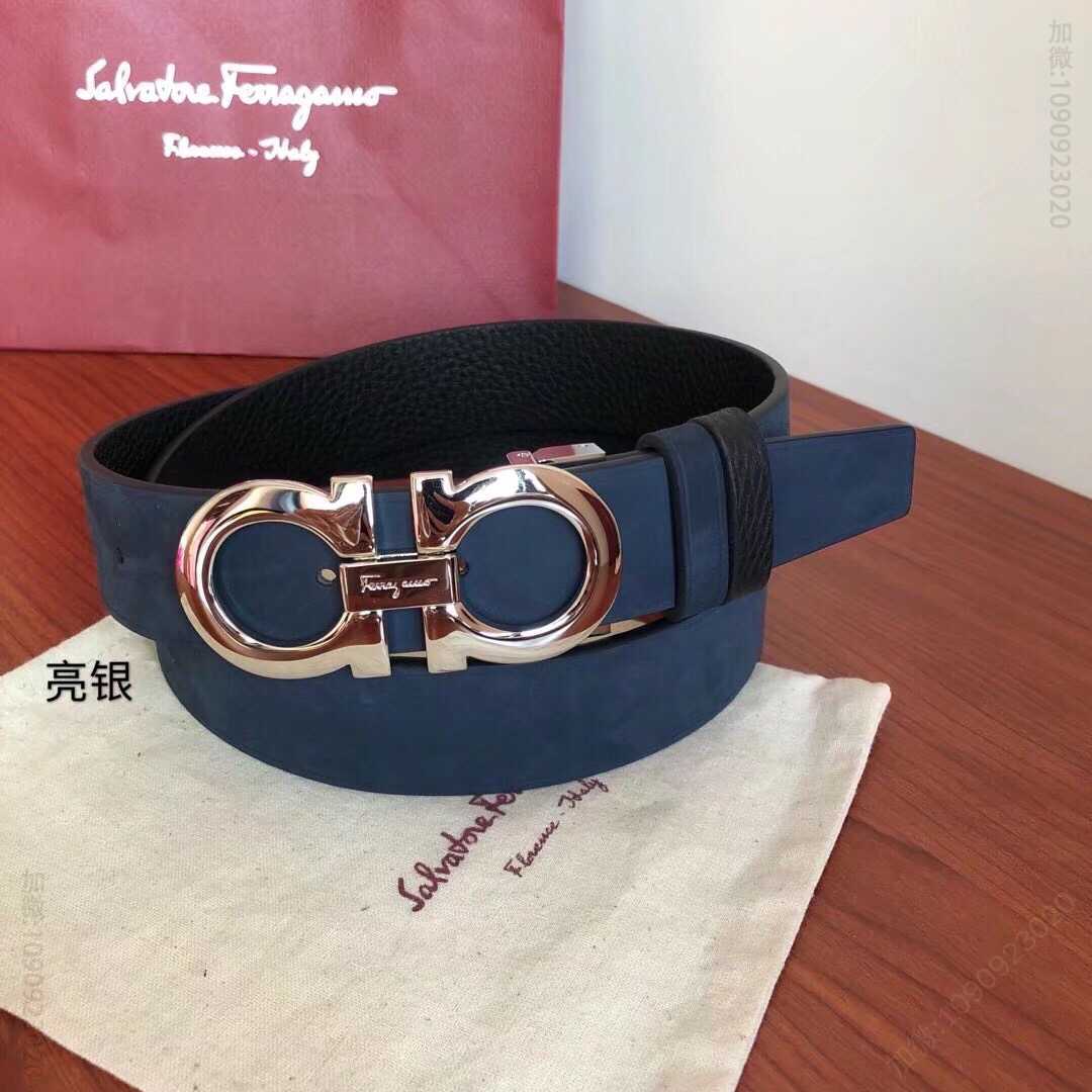 SalvatoreFerragamo菲拉格慕男士3.5cm精致金属夹扣，头层牛皮甩纹腰带绒面内衬可剪裁。
