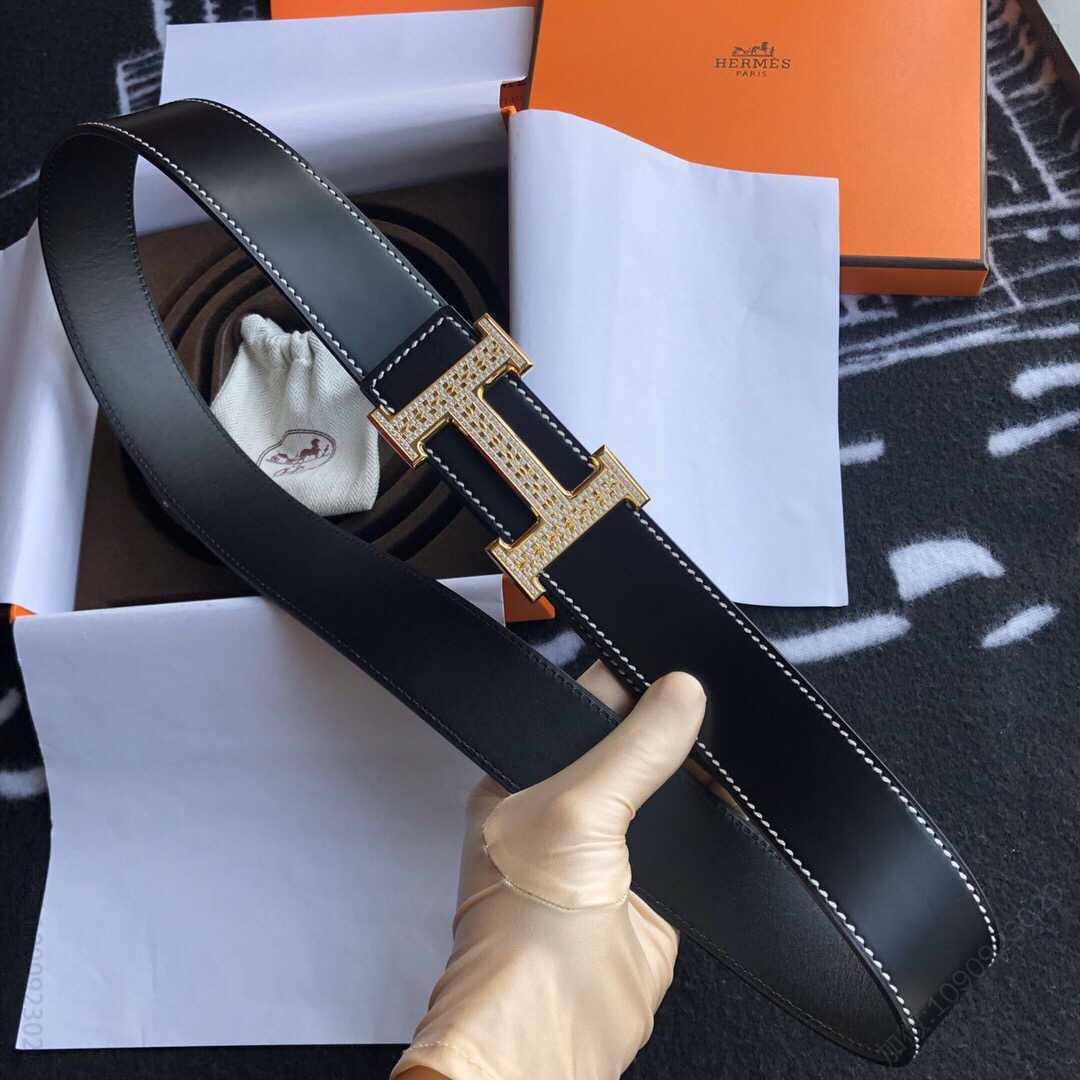 Hermes爱马仕 男款3.8cm精钢H镶嵌钻扣，搭配进口牛皮腰带