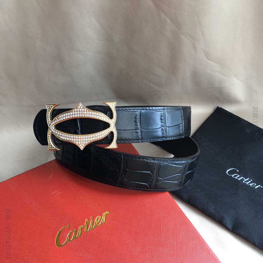 Cartier卡地亚精钢双C镶嵌钻挂扣搭配头层牛皮鳄鱼纹理腰带