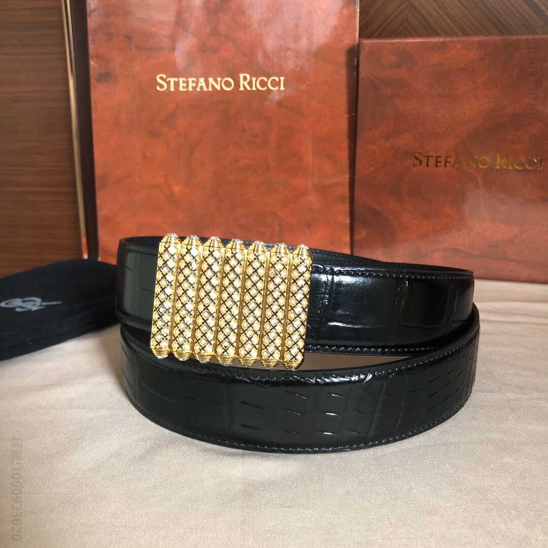 StefansRocci史蒂芬劳尼治精钢波浪纹理镶嵌满钻内穿式金属扣进口牛皮精仿鳄鱼皮腰带