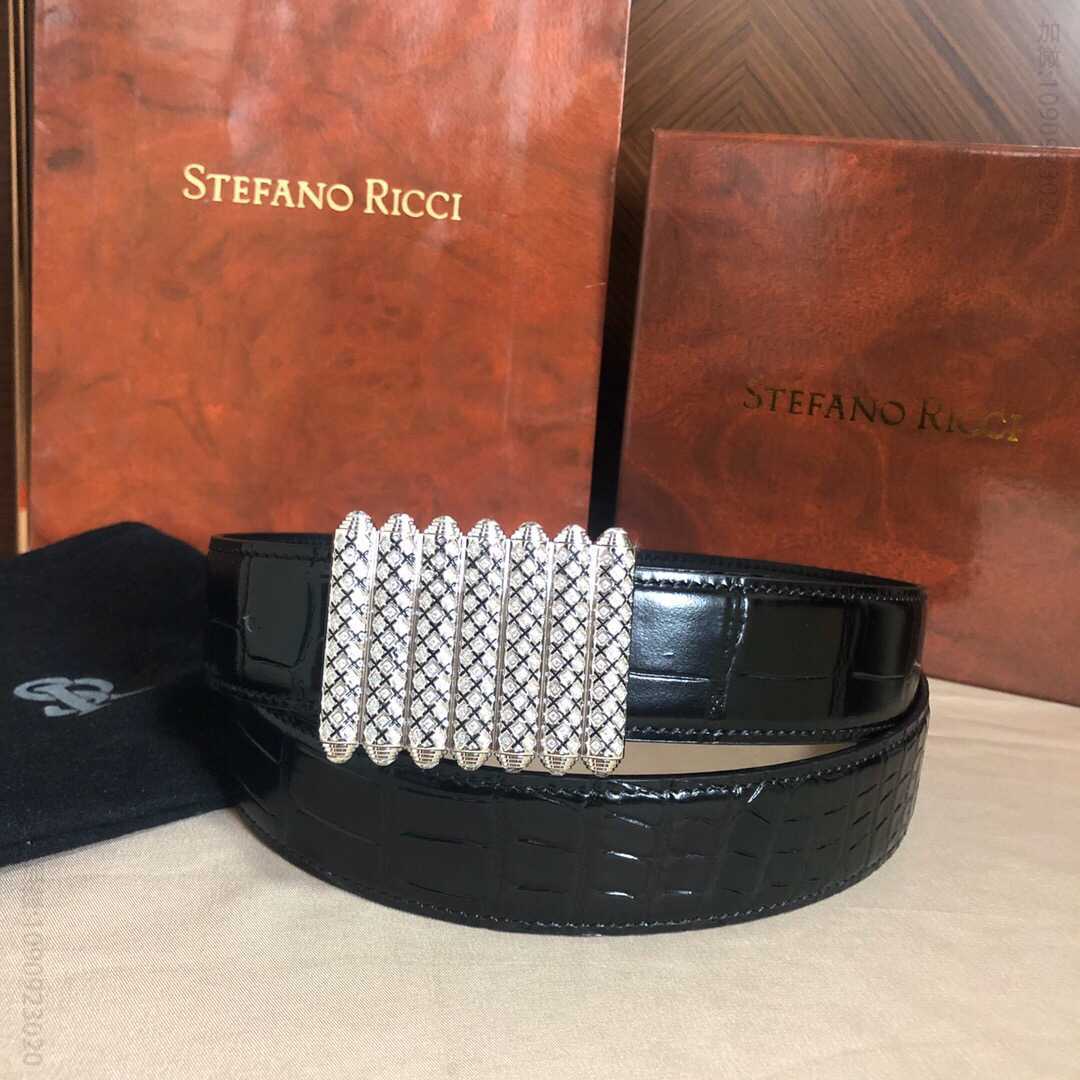 StefansRocci史蒂芬劳尼治精钢波浪纹理镶嵌满钻内穿式金属扣进口牛皮精仿鳄鱼皮腰带