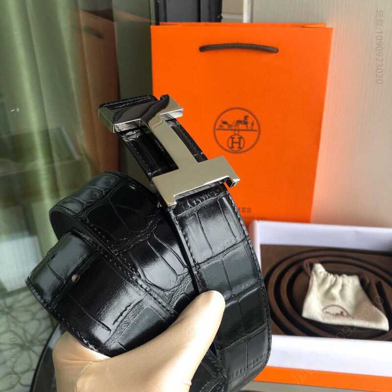 Hermes爱马仕 男款3.8cm精品H焊点四角亮光挂扣，搭配进口牛皮精仿鳄鱼皮腰带