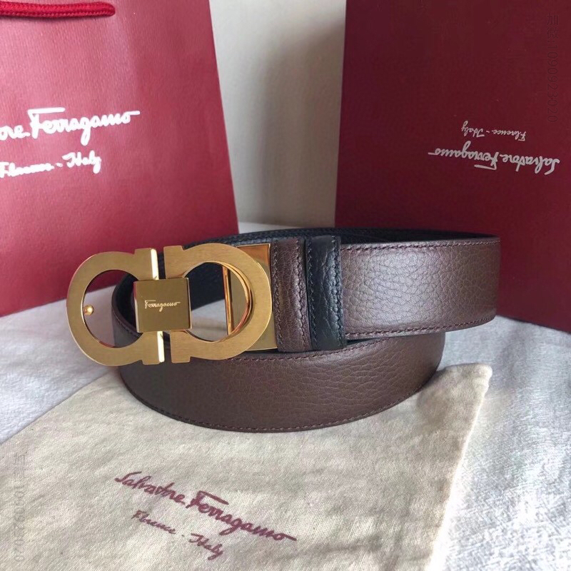 SalvatoreFerragamo菲拉格慕男士3.5cm精钢双圈金属夹扣，头层牛皮双面荔枝腰带
