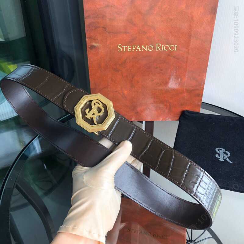 STEFANORICCI史蒂芬.劳尼治专柜款版型精钢SR八角挂扣头层牛皮精仿鳄鱼皮3.8cm腰带