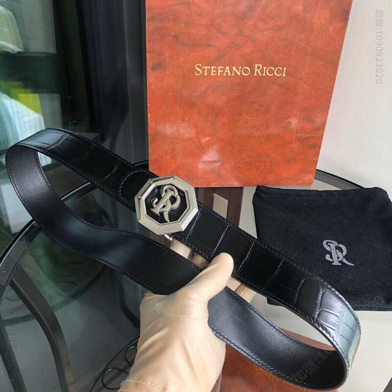 STEFANORICCI史蒂芬.劳尼治专柜款版型精钢SR八角挂扣头层牛皮精仿鳄鱼皮3.8cm腰带