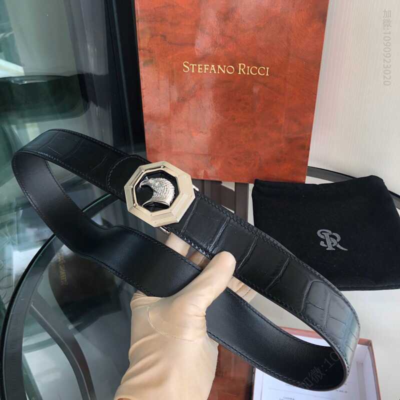 STEFANORICCI史蒂芬.劳尼治专柜款版型精钢鹰透八角挂扣头层牛皮精仿鳄鱼皮3.8cm腰带