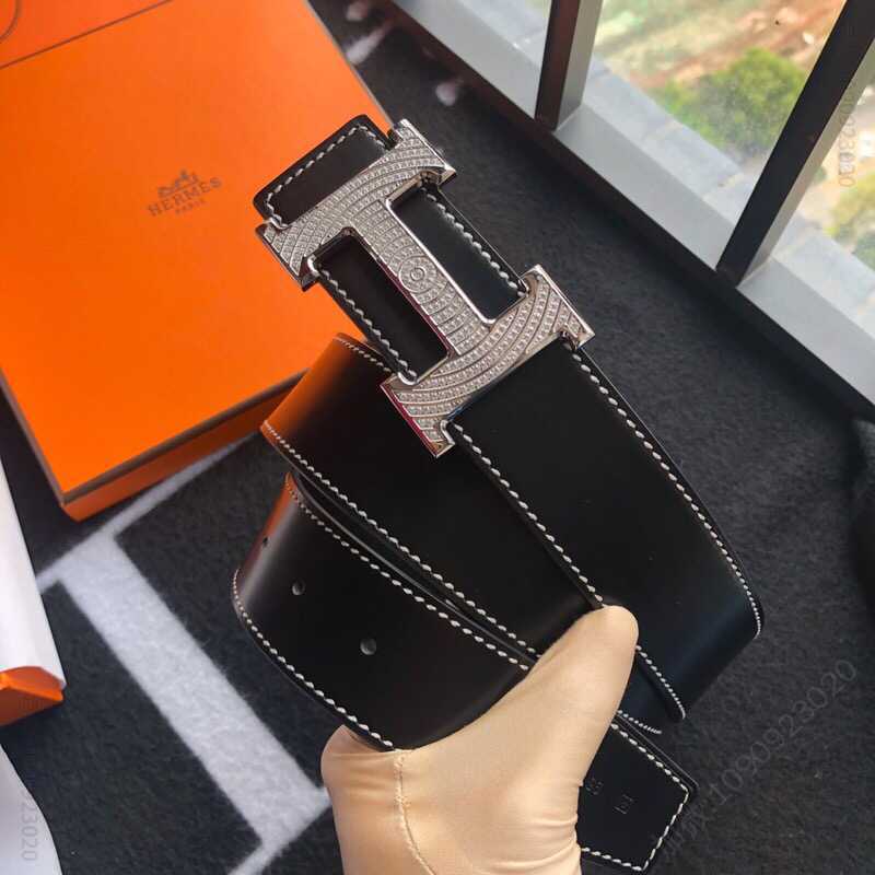 Hermes爱马仕 精钢H镶嵌钻扣，搭配进口牛皮男款3.8cm腰带