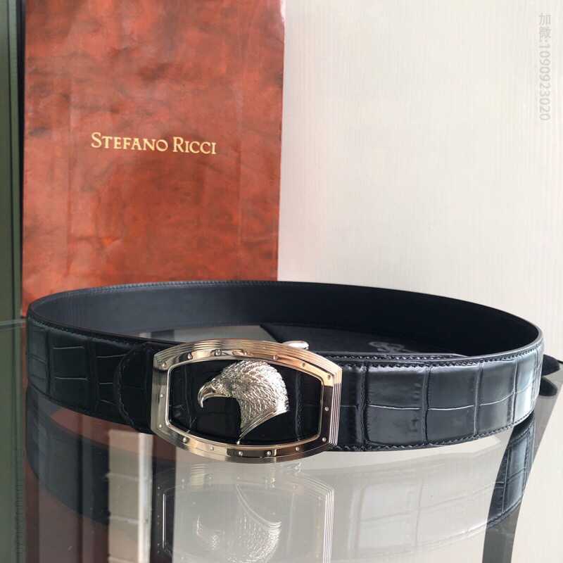 STEFANORICCI史蒂芬.劳尼治专柜款精钢鹰头廓边挂扣3.8cm头层牛皮精仿鳄鱼皮腰带