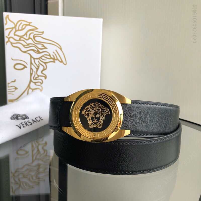 VERSACE范思哲男士黑色头层牛皮羊纹理腰带3.5cm