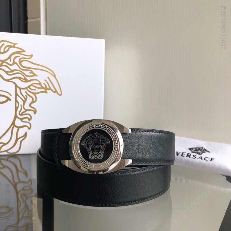 VERSACE范思哲男士黑色头层牛皮羊纹理腰带3.5cm