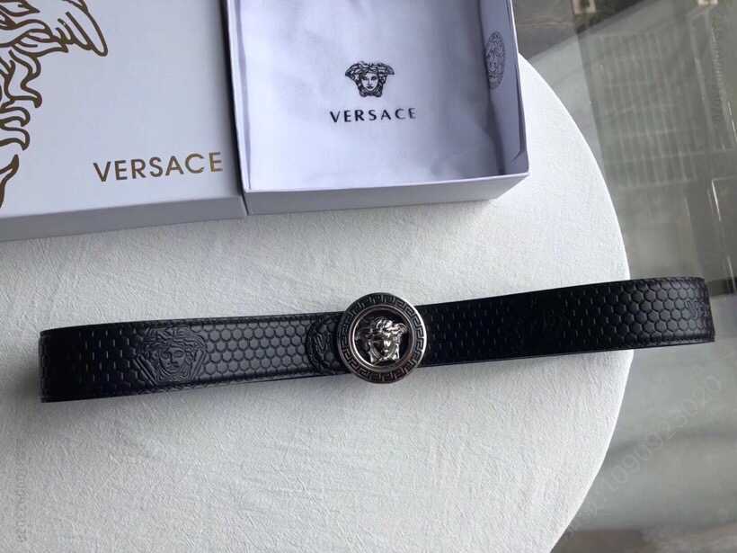 VERSACE范思哲男士黑色咖啡头层牛皮美杜莎标志腰带3.8cm