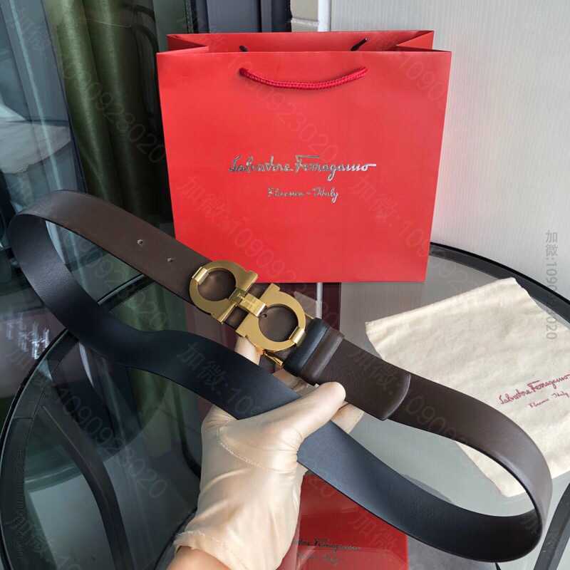 菲拉格慕精钢双圈夹扣3.5cm男士牛皮黑色棕色双面可用腰带