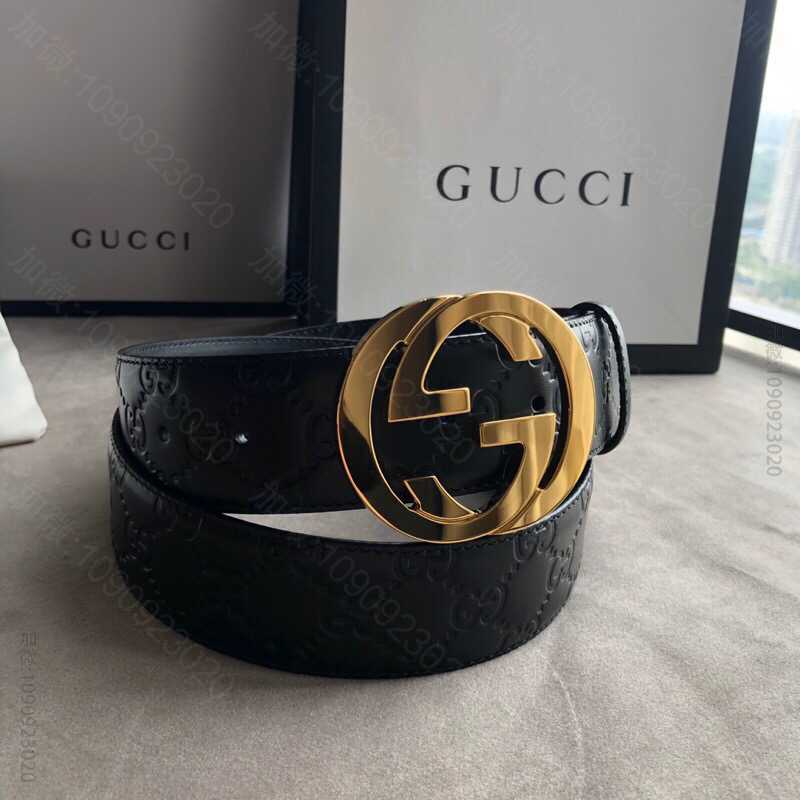 Gucci古驰signature真皮男款互扣式双G金属扣腰带