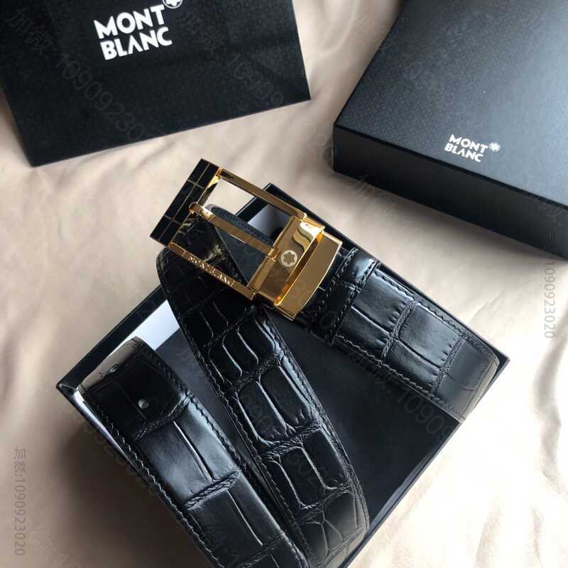 Montblanc万宝龙精致滴胶针式金属扣头层牛皮荔鳄鱼纹理男士腰带宽度:3...