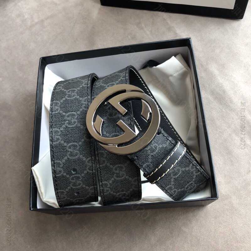 Gucci古驰精品双G互扣式金属扣男士乌木色PVC腰带4厘米