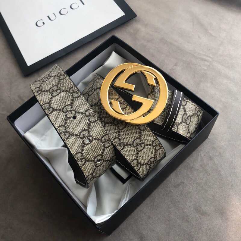 Gucci古驰精品双G互扣式金属扣男士乌木色PVC腰带4厘米