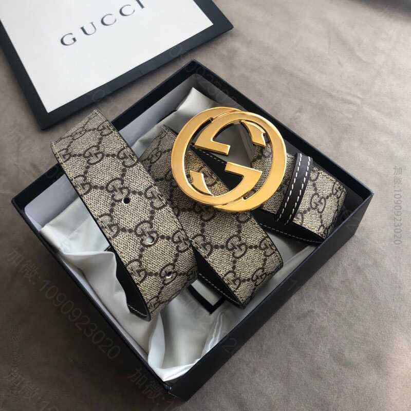Gucci古驰精品双G互扣式金属扣男士乌木色PVC腰带4厘米